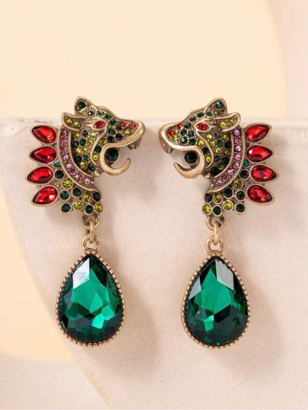 Vintage Emerald Teardrop Earrings with Red and Pink Accents